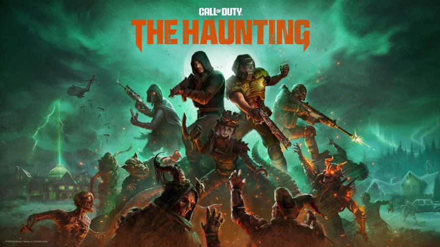 Key art officiel de Call of Duty Black Ops 7 Season 6 The Haunting, avec le Doom Slayer en avant-plan et l'Event Pass DOOM