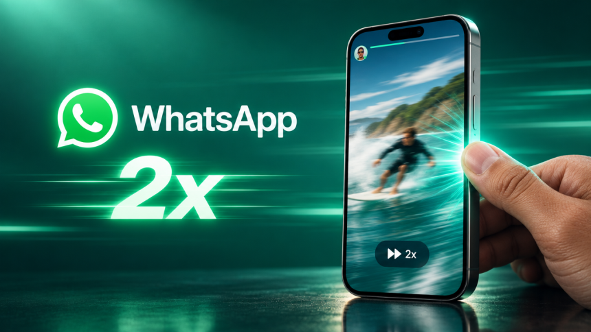 WhatsApp, concept de la lecture 2x des statuts vidéo : le geste press-and-hold du côté droit de l'écran emprunté à TikTok