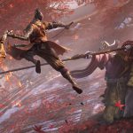 Sekiro, le loup shinobi à un bras, attaque la Corrupted Monk en combat sur un pont de bois sous des feuilles rouges : adaptation en série TV Crunchyroll