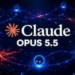Logo officiel Anthropic Claude avec le nom du modèle Opus 5.5 au centre, concept sur fond techno sombre