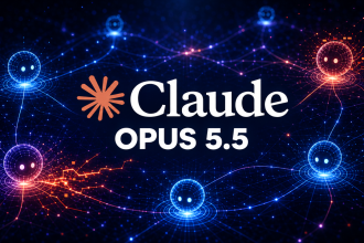 Logo officiel Anthropic Claude avec le nom du modèle Opus 5.5 au centre, concept sur fond techno sombre