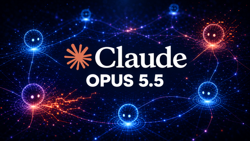 Logo officiel Anthropic Claude avec le nom du modèle Opus 5.5 au centre, concept sur fond techno sombre