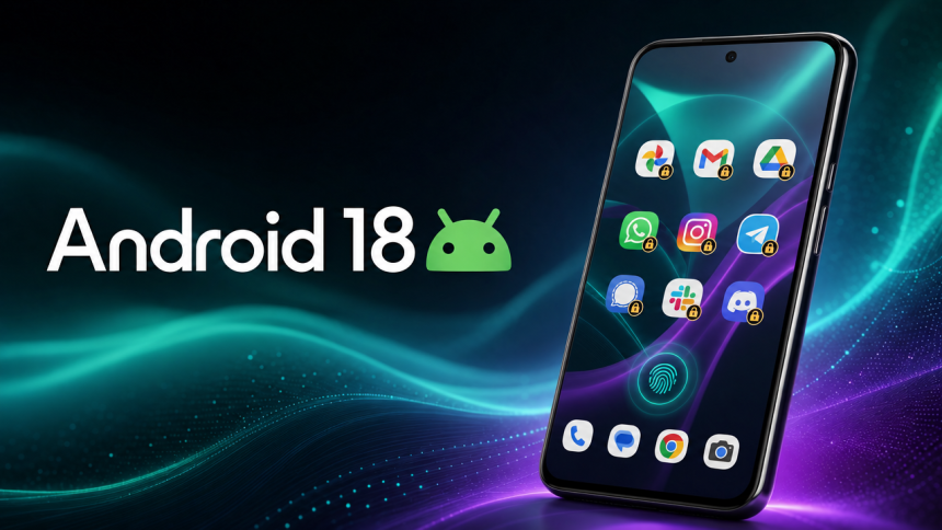Android 18 : robot Android vert et smartphone Pixel sur fond teal et violet, annonce officielle à l'agenda de l'Android Dev Summit