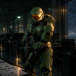 Master Chief seul dans un bureau de studio de jeux vide la nuit, Halo passe sous Activision lors de la réorganisation Xbox avec licenciements