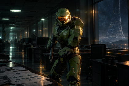 Master Chief seul dans un bureau de studio de jeux vide la nuit, Halo passe sous Activision lors de la réorganisation Xbox avec licenciements