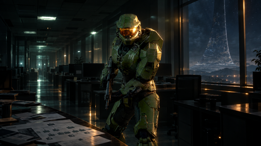 Master Chief seul dans un bureau de studio de jeux vide la nuit, Halo passe sous Activision lors de la réorganisation Xbox avec licenciements