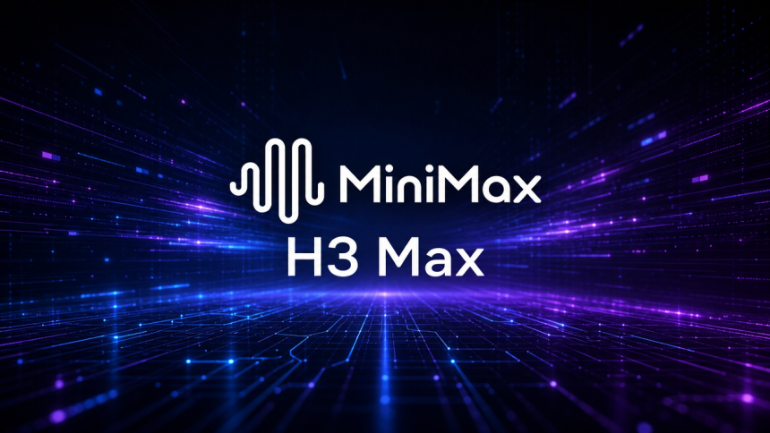 Logo MiniMax avec le nom du modèle H3 Max sur fond techno abstrait sombre