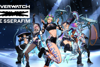 Key art officiel de la collaboration Overwatch x LE SSERAFIM 2026 : les six héroïnes (Moira, D.Mon, Mizuki, Freya, Anran, Sierra) en tenues K-pop