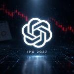 Logo OpenAI avec mention IPO 2027 et courbe boursière rouge en baisse, report de l'introduction en bourse