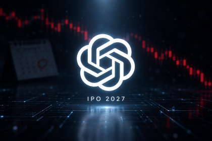 Logo OpenAI avec mention IPO 2027 et courbe boursière rouge en baisse, report de l'introduction en bourse