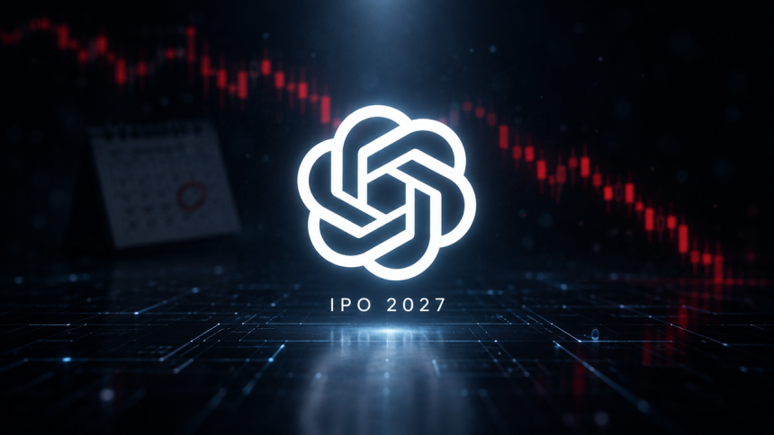 Logo OpenAI avec mention IPO 2027 et courbe boursière rouge en baisse, report de l'introduction en bourse