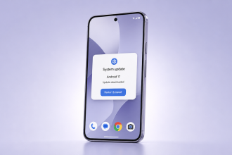 Smartphone Google Pixel affichant la boîte de dialogue de mise à jour système Android 17 QPR2 Beta 6 avec le statut Update downloaded et le bouton Restart & install, correctifs de stabilité et de caméra par OTA