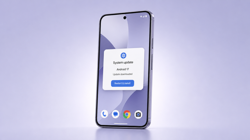 Smartphone Google Pixel affichant la boîte de dialogue de mise à jour système Android 17 QPR2 Beta 6 avec le statut Update downloaded et le bouton Restart & install, correctifs de stabilité et de caméra par OTA