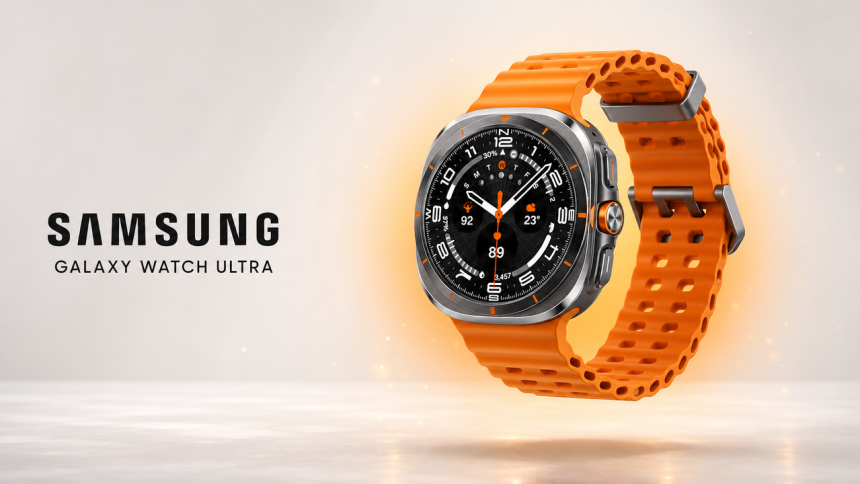 Samsung Galaxy Watch Ultra 2025 titane gris avec bracelet orange, en lévitation sur fond clair avec halo orange, mise en valeur premium sans badge promo