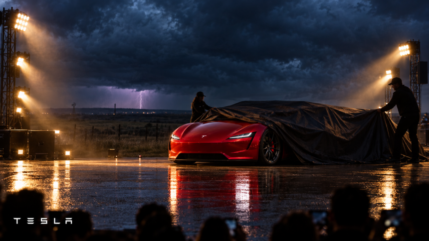 Tesla Roadster sous sa bâche de dévoilement sur une scène extérieure près de Waco, ciel d'orage, reveal reporté au 15 octobre 2026