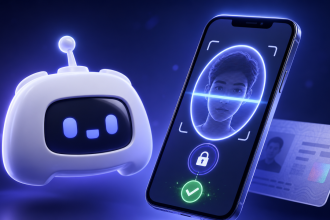Mascotte Clyde de Discord avec smartphone affichant une interface de scan facial de vérification d'âge