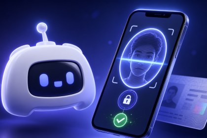 Mascotte Clyde de Discord avec smartphone affichant une interface de scan facial de vérification d'âge