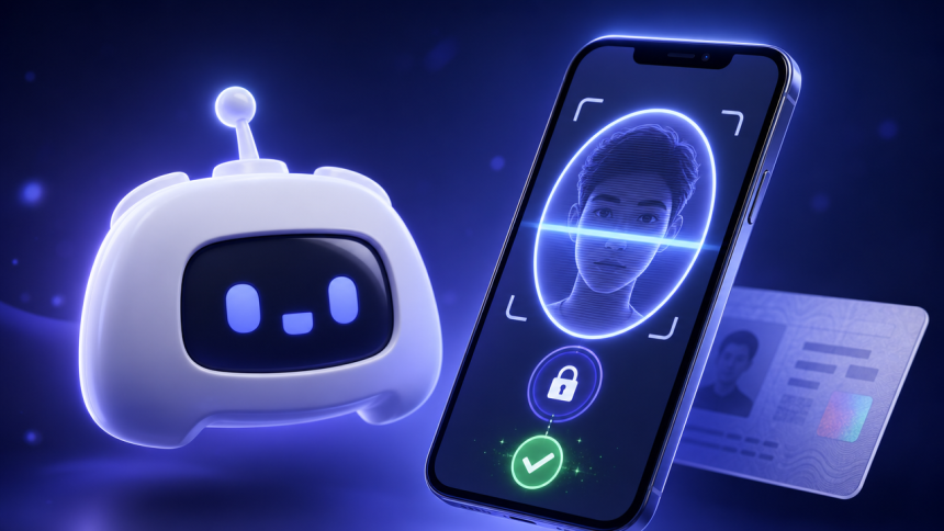 Mascotte Clyde de Discord avec smartphone affichant une interface de scan facial de vérification d'âge