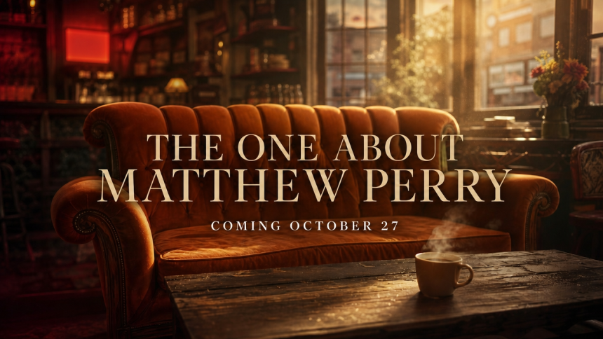 Key art concept de la docusérie Netflix « The One About Matthew Perry » : le canapé orange de Central Perk et une tasse de café dans une lumière dorée, avec le titre et la date d'octobre 2026