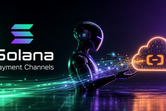 Logo Solana et canaux de paiement pour agents IA avec Alibaba Cloud, concept robot et cloud