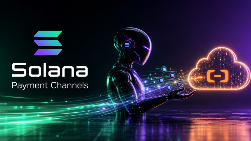 Logo Solana et canaux de paiement pour agents IA avec Alibaba Cloud, concept robot et cloud