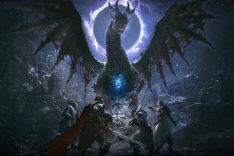 Key art officiel de Dragon's Dogma 2: Dark Arisen sur Switch 2, le héros Arisen face au dragon colossal dans un monde d'heroic fantasy nocturne