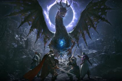 Key art officiel de Dragon's Dogma 2: Dark Arisen sur Switch 2, le héros Arisen face au dragon colossal dans un monde d'heroic fantasy nocturne