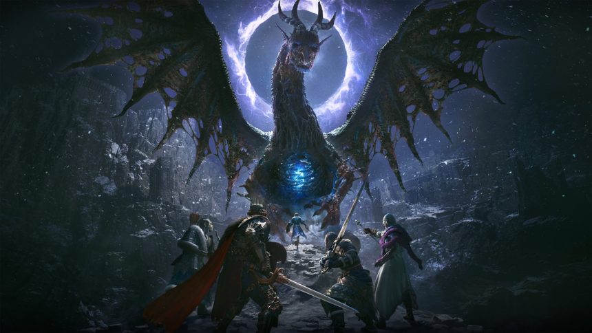 Key art officiel de Dragon's Dogma 2: Dark Arisen sur Switch 2, le héros Arisen face au dragon colossal dans un monde d'heroic fantasy nocturne