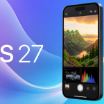 Concept iOS 27 : iPhone 17 Pro affichant l'app Camera en mode monitoring pro avec focus peaking, zébrures et scopes d'exposition
