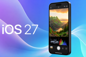 Concept iOS 27 : iPhone 17 Pro affichant l'app Camera en mode monitoring pro avec focus peaking, zébrures et scopes d'exposition