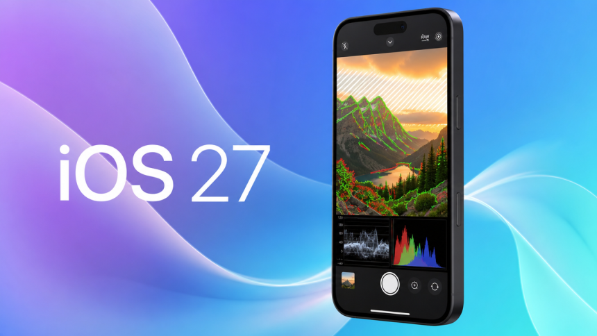 Concept iOS 27 : iPhone 17 Pro affichant l'app Camera en mode monitoring pro avec focus peaking, zébrures et scopes d'exposition