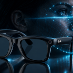 Lunettes Ray-Ban Meta face à une reconnaissance faciale biométrique, grille de scan sur un visage, concept illustrant la plainte aux États-Unis