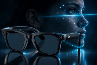Lunettes Ray-Ban Meta face à une reconnaissance faciale biométrique, grille de scan sur un visage, concept illustrant la plainte aux États-Unis