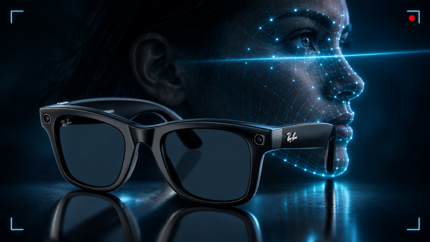 Lunettes Ray-Ban Meta face à une reconnaissance faciale biométrique, grille de scan sur un visage, concept illustrant la plainte aux États-Unis