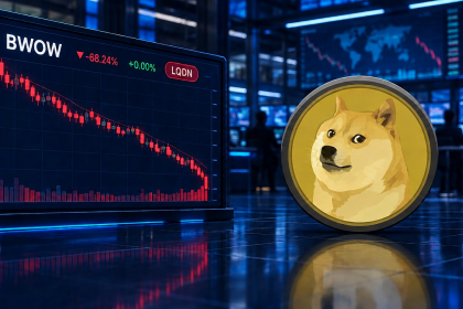 Bitwise ferme son ETF Dogecoin BWOW, visuel concept de liquidation avec le jeton Dogecoin (sans symbole) et un terminal de trading BWOW en chute