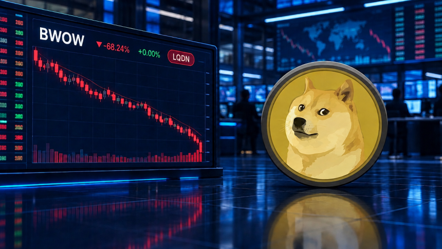 Bitwise ferme son ETF Dogecoin BWOW, visuel concept de liquidation avec le jeton Dogecoin (sans symbole) et un terminal de trading BWOW en chute