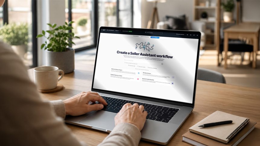 Amazon Seller Assistant agentique : interface de création de workflow dans Seller Central (Pricing Analyzer, Product Expansion Finder, Account Health Monitor) pour piloter la boutique via IA/Claude
