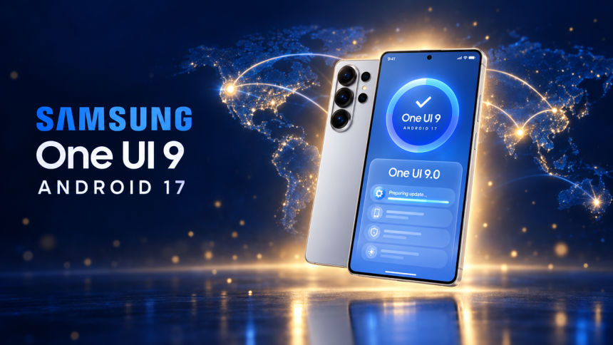 Samsung Galaxy S26 avec l'écran de mise à jour One UI 9 sous Android 17, déploiement OTA vers l'Europe, le Canada et l'Inde, visuel concept