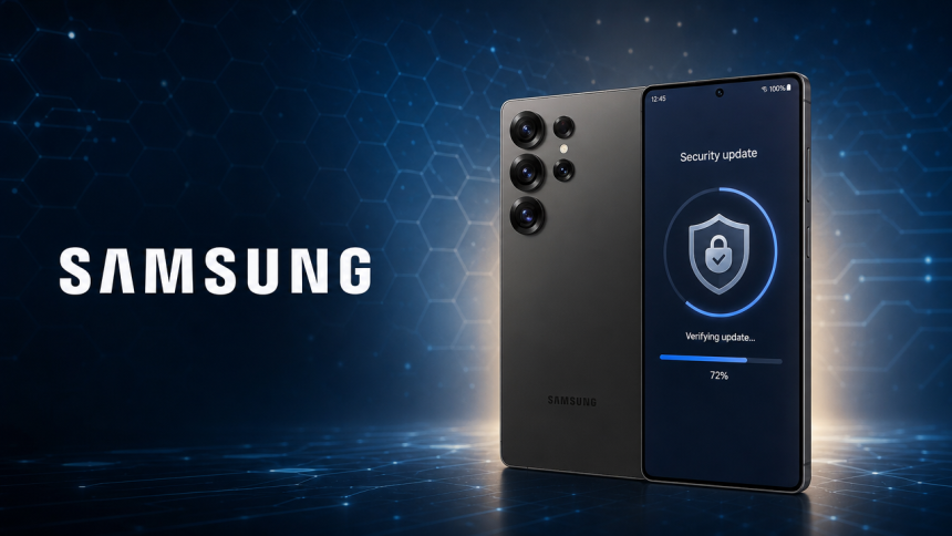 Samsung Galaxy recevant un patch de sécurité de septembre 2026, interface de mise à jour sur l'écran du smartphone