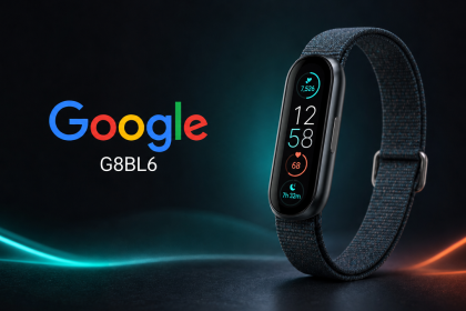 Concept du tracker fitness Google G8BL6 sous Wear OS repéré à la FCC, bracelet à écran vertical montrant les pas, le pouls et le sommeil