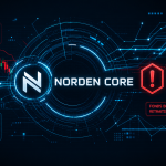 Concept Norden Core : alerte arnaque au trading, nom centré avec logo stylisé, panneau de marché à gauche, alertes fraude à droite (hexagone rouge, cadenas)