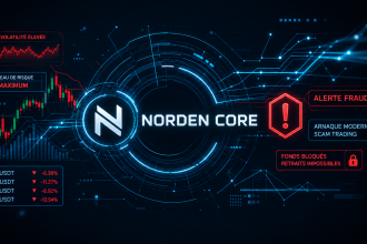 Concept Norden Core : alerte arnaque au trading, nom centré avec logo stylisé, panneau de marché à gauche, alertes fraude à droite (hexagone rouge, cadenas)