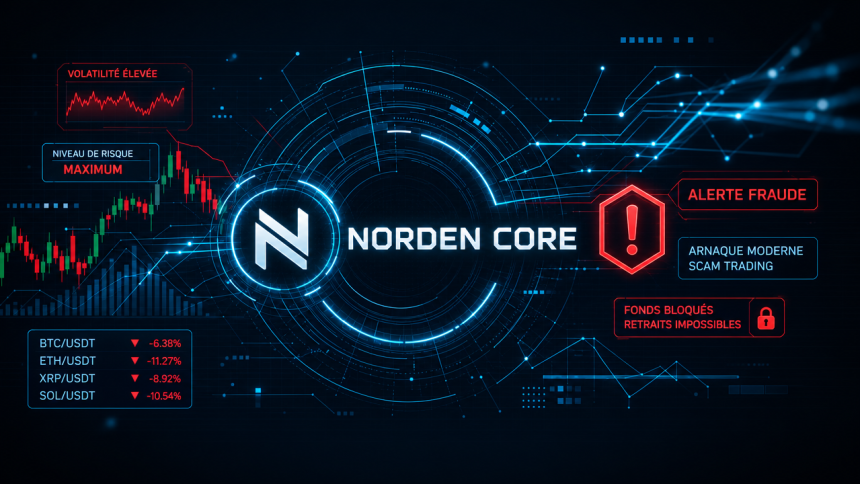 Concept Norden Core : alerte arnaque au trading, nom centré avec logo stylisé, panneau de marché à gauche, alertes fraude à droite (hexagone rouge, cadenas)