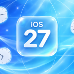 Concept iOS 27 : grand carré glassmorphism avec le nombre 27 et horloges monde évoquant la sortie fuseau par fuseau, sur fond dégradé indigo à cyan