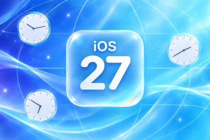 Concept iOS 27 : grand carré glassmorphism avec le nombre 27 et horloges monde évoquant la sortie fuseau par fuseau, sur fond dégradé indigo à cyan