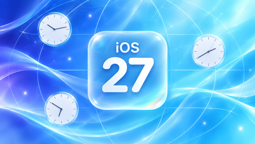 Concept iOS 27 : grand carré glassmorphism avec le nombre 27 et horloges monde évoquant la sortie fuseau par fuseau, sur fond dégradé indigo à cyan