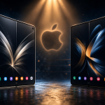 Concept : deux smartphones pliables flagships face à face dans une arène, logo Apple en arrière-plan, la bataille des foldables avant le premier iPhone pliable