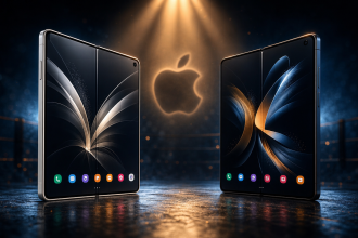 Concept : deux smartphones pliables flagships face à face dans une arène, logo Apple en arrière-plan, la bataille des foldables avant le premier iPhone pliable