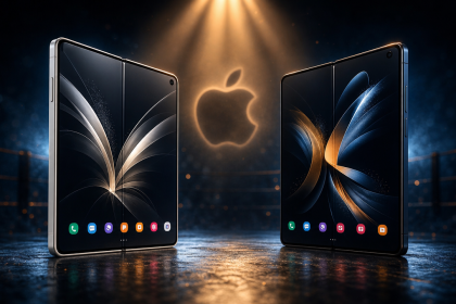 Concept : deux smartphones pliables flagships face à face dans une arène, logo Apple en arrière-plan, la bataille des foldables avant le premier iPhone pliable