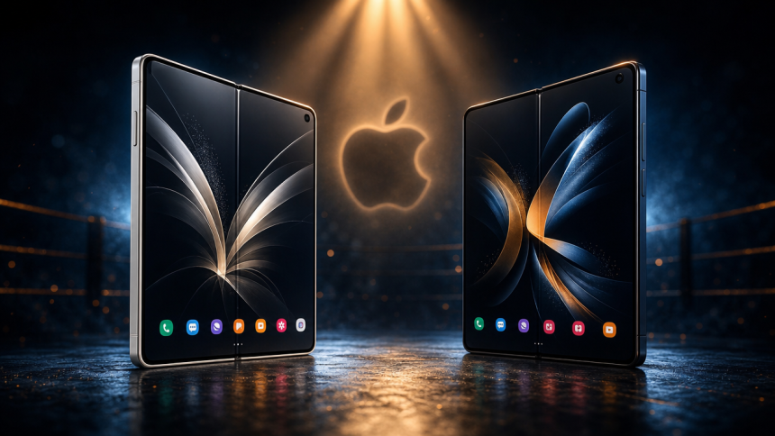 Concept : deux smartphones pliables flagships face à face dans une arène, logo Apple en arrière-plan, la bataille des foldables avant le premier iPhone pliable